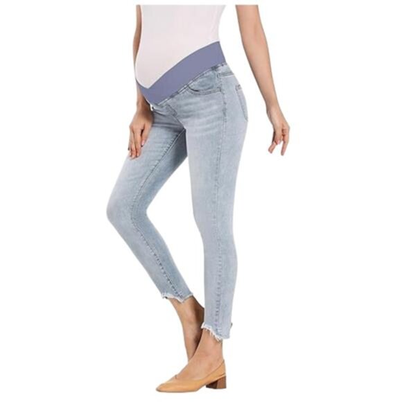 Women's Maternity Skinny Jeans Stretch Distressed Jeggings Pants Blue L - Picture 1 of 5